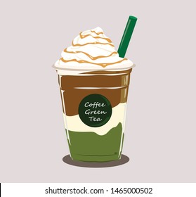 Ice coffee and green tea with whipped cream vector.