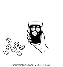 Ice Coffee in Hand. Hand holding a glass of iced coffee with visible ice cubes. Clean vector illustration in monochrome style. Minimal black and white line art of a hand holding iced coffee. 