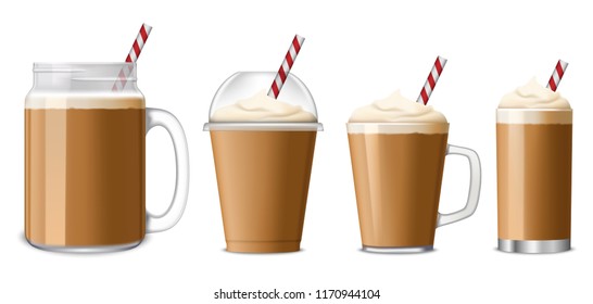 Ice coffee icon set. Realistic set of ice coffee vector icons for web design isolated on white background