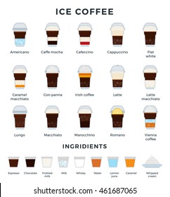 Ice coffee and ingredients vector flat illustration. Set with caramel macchiato, latte, irish coffee, marocchino, romano for website and cafe advertisement. Isolated on white background.