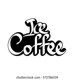 Ice coffee, isolated sticker, calligraphy lettering, word design template, vector illustration