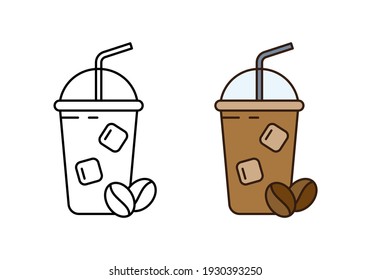 Ice coffee logo. Linear icon and color version. Black simple illustration of cold drink in plastic glass with straw, ice cubes, coffee beans. Contour isolated vector pictogram on white background