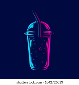 Ice coffee mug cup line pop art portrait colorful design with dark background. Abstract vector illustration.