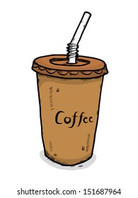 ice coffee in plastic cup  / cartoon vector and illustration, isolated on white background.