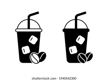 Ice coffee. Silhouette icon of cold drink. Black simple illustration of plastic glass with straw, ice cubes, coffee beans. Flat isolated vector pictogram on white background