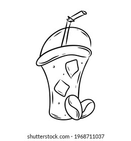 Ice coffee sketch. Black hand drawn illustration of cold drink in plastic glass with straw, ice cubes, coffee beans. Contour isolated vector icon on white background