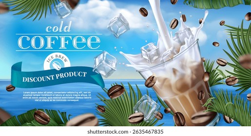Ice coffee. Summer ad banner. Drink at tropical seashore. Poster with milk splash. Cup on beach background. Latte in glass. Cold cubes. Palm leaves and Arabica beans. Vector 3D design exact template