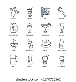 Ice coffee, Tea, Jigger, Jug, Juice bottle, Shaker, Oktoberfest, Liquor, Margarita outline vector icons from 16 set