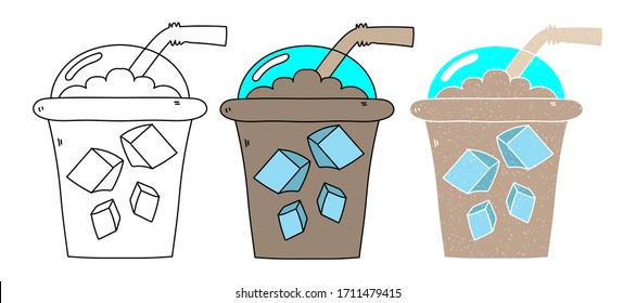 ice coffee vector design. black and white. digital hand drawn. grain texture