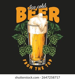 An ice cold beer fills a tall glass topped with a layer of frothy foam. Surrounding the glass are lush green hops symbolizing freshness and quality in a casual setting.