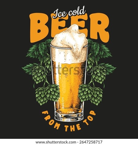 An ice cold beer fills a tall glass topped with a layer of frothy foam. Surrounding the glass are lush green hops symbolizing freshness and quality in a casual setting.