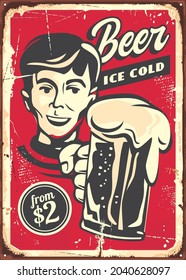 Ice cold beer retro sign design with man toasting with beer mug. Vintage comic style bar or pub advertisement for alcoholic drinks. Vector poster illustration.