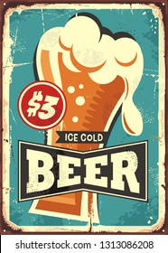 Ice cold beer vintage metal sign for drink bar, cafe, pub or restaurant. Beer glass on old rusty texture and blue background. Retro vector poster illustration.