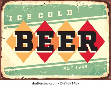 Ice cold beer vintage tin sign design for pub or cafe bar. Retro beer advertisement. Alcohol drinks vector poster illustration.