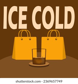 Beber frío helado en la mesa con dos bolsas de compras