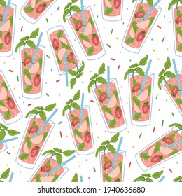 Ice cold drink with peach and strawberry seamless pattern. Vector hand drawn illustration.