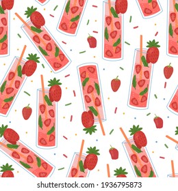 Ice cold drink with strawberry seamless pattern. Vector hand drawn illustration.