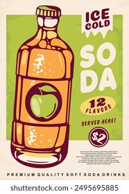 Ice cold soda advertisement with soft drink bottle. Apple juice retro poster design. Vector illustration.
