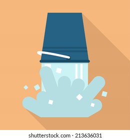 Ice cold water spilling from blue bucket flat vector icon with long shadow on beige background | Ice bucket challenge | Water with ice cubes pouring from bucket  