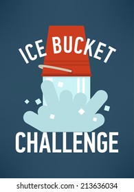 Ice cold water spilling from red bucket flat vector leaflet or greeting card template | Ice bucket challenge | Water with ice cubes pouring from bucket  