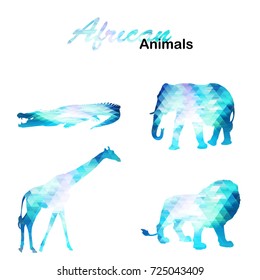 Ice collection of geometric polygon animals. Giraffe, crocodile, elephant, lion. Vector illustration.