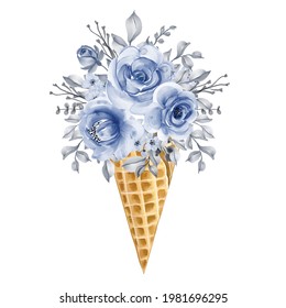 ice cone with watercolor flower rose pink illustration