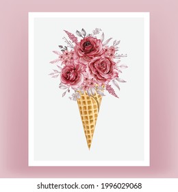 ice cone with watercolor flower rose burgundy illustration