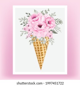 ice cone with watercolor flower rose pink peony