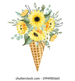 ice cone with watercolor flower sunflower illustration