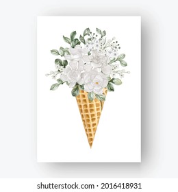 Ice Cone With Watercolor Gardenia White Flower