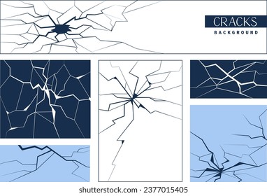 Ice crack banners set. Earthquake crash poster. Glass construction damage promo set. Simple vector crack effect. Different size posters.