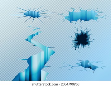 Ice cracks realistic set with isolated images of different holes in ice canopy on transparent background vector illustration