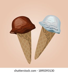 Ice cream in 2 cones.Vector illustration isolated on brown background.Coffee ice cream.
