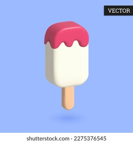 Ice cream 3d icon in cartoon style. Milk ice cream with berry topping. Design element. Vector illustration.