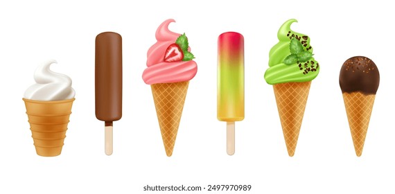 Ice cream 3D realistic frozen dessert set. Caramel, fruit flavor, coffee and chocolate. Design food icon, template restaurant menu isolated elements. Candy cafe, shop fat waffle popsicle. Vector set