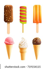 Ice cream 3D realistic icons. Vector frozen fruit and dairy desserts ice scoops in wafer or waffle cones, sundae in chocolate glaze with nuts, soft cream or sorbet and eskimo for gelateria cafe menu.