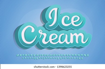 Ice cream. 3D vintage script font. Retro typeface. Vector font illustration. Comics style. Logo or print on clothes. 