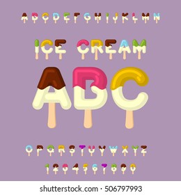 Ice cream ABC. Popsicle alphabet. Cold sweets font. Food typography. Edible letters. dessert lettering
