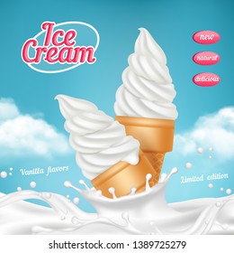 Ice cream ads. Natural frozen ice cream dessert with fruits vector realistic picture template for advertizing placard