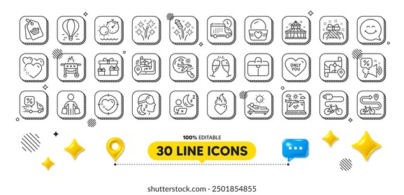 Ice cream, Air balloon and Delivery line icons pack. 3d design elements. Fireworks rocket, Buyer, Map web icon. Fireworks, Lounger, Discounts offer pictogram. Vector