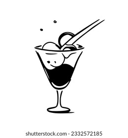 Ice cream with alcohol. Vector black and white illustration in line art style. Cocktail glass, doodle style. Design for menus, covers, postcards.