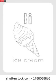 I for Ice cream Alphabet  with illustration for Tracing Worksheet, Exercises for kids 