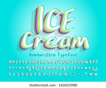 Ice cream Alphabet. Vector lettering typeface. Uppercase and lowercase letters, numbers, signs. Retro 3D Font for sweet dessert food design.