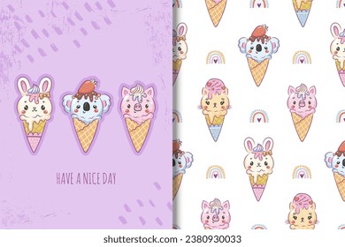 Ice cream with animal faces illustration. Cards and seamless patterns for kids