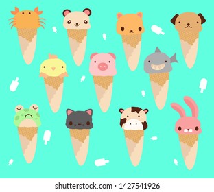 ice cream animal waffle cone cute vector pattern background