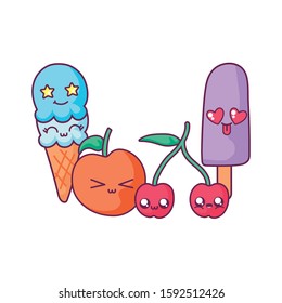 Ice cream apple cherry and popsicle cartoon design, Kawaii expression cute character funny and emoticon theme Vector illustration