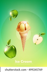 Ice cream apple in the cone, Pour green apple syrup and a lot of green apple background, transparent Vector