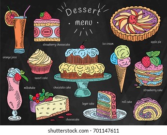 ice cream, apple pie, chocolate, layer, roll, strawberry cake, orange juice, cheesecake, milkshake, sweets dessert menu