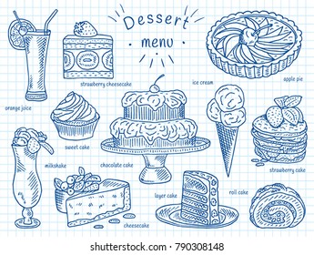 ice cream, apple pie, chocolate, layer, roll, strawberry cake, orange juice, cheesecake, milkshake, sweets, dessert menu