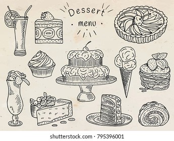 ice cream, apple pie, chocolate, layer, roll, strawberry cake, orange juice, cheesecake, milkshake, sweets dessert menu